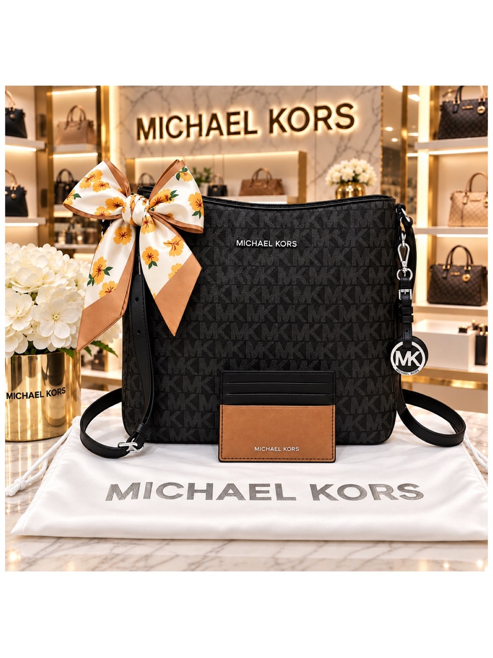 Michael Kors. 5 Piece: Jet Set Messenger Bag & Free Card Case, Dust Bag & Scarfs
